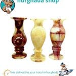 Handcrafted Onyx Vase Medium with brown and white veins, vintage carved stone vase handmade in Egypt.