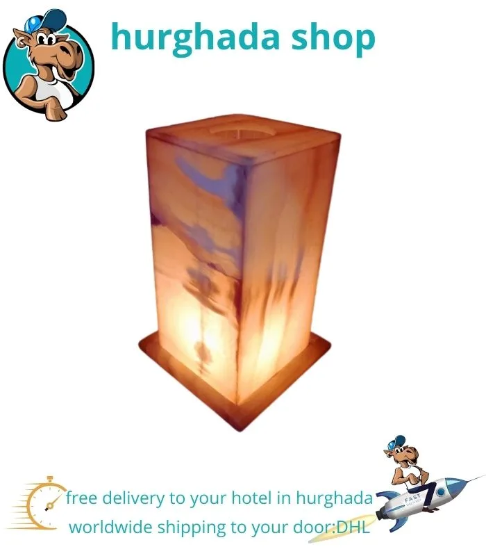 Large Square Alabaster Lamp – Handmade Egyptian Lamp with Translucent Grain Patterns