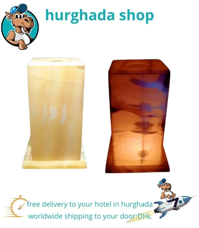 Large Square Alabaster Lamp – Handmade Egyptian Lamp with Translucent Grain Patterns
