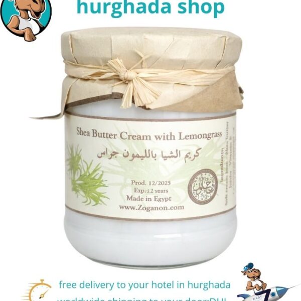 Shea butter cream with lemongrass in glass jar – natural skin and hair moisturizer