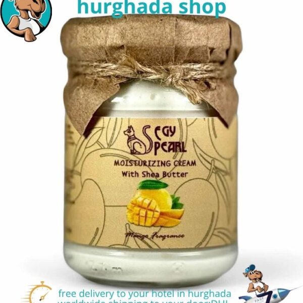 Mango Shea Butter Cream in a glass jar with kraft paper lid and mango fragrance label