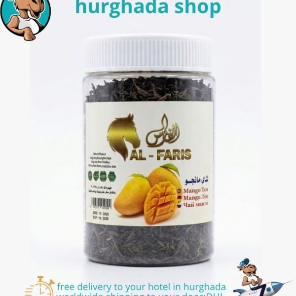 Sunny Mango Brew Mango Tea jar with dried tea leaves and fresh mango